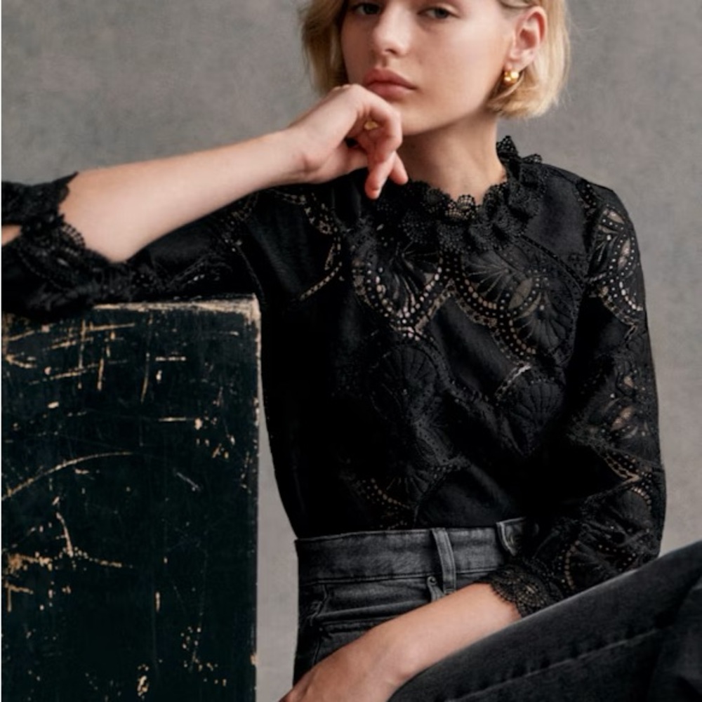 Sezane Black Fitted Blouse with Embellished 3/4 Sleeves and Bib Collar